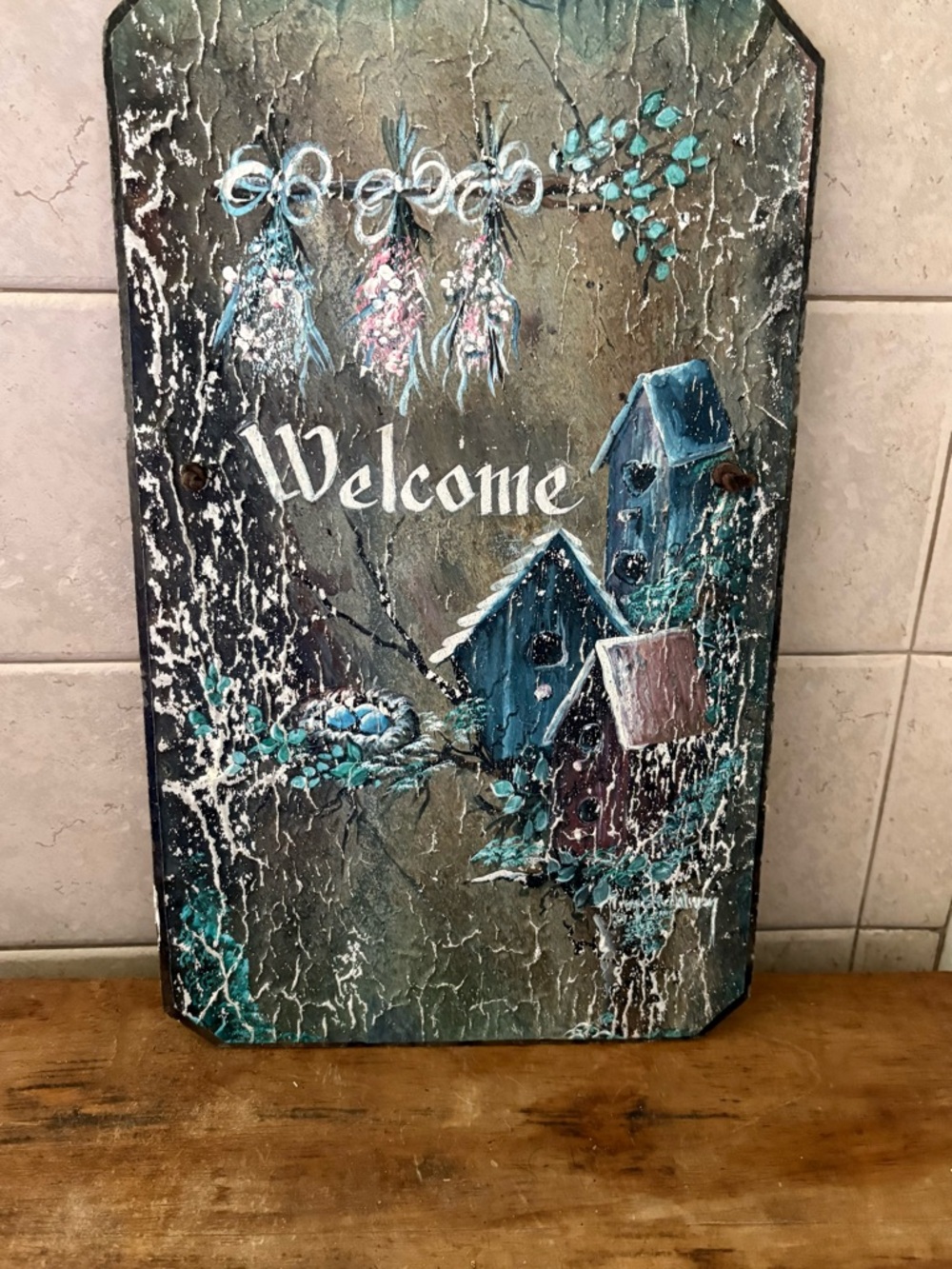 Welcome Rustic Birdhouse Wall Plaque -hand painted on a piece of slate